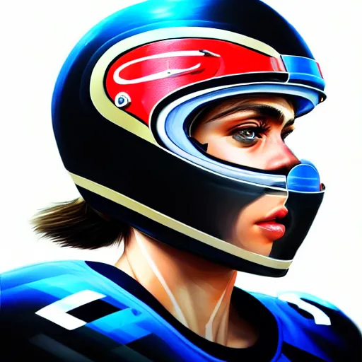 Prompt: sports helmet driver wearing a transparent visor helmet with big eye lashes with high detailed tattoos on neck, side profile on a racing car, highly detailed, digital painting, artstation, concept art, smooth, sharp focus, illustration by Sandra Chevrier