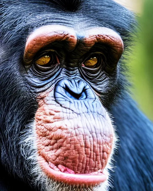 Prompt: gold, blue, photo of a chimpanzee, 8 k, 8 5 mm f 1. 8