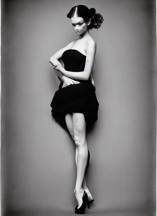 Image similar to half - length portrait of cute model black dressed, fine art portrait photography by richard avedon