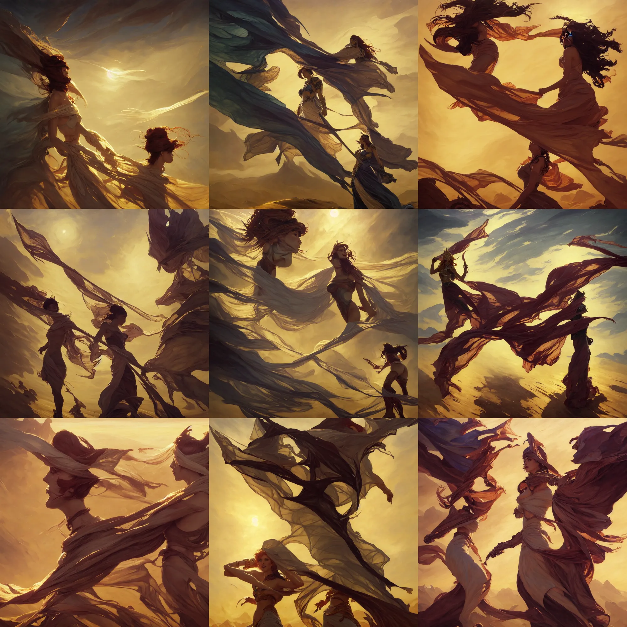 Image similar to league of legends and warframe art, big long cloth on the wind, close up portrait, elegant, intricate, digital painting, artstation, concept art, golden hour, epic composition, smooth, sharp focus, illustration, art by ed mell and Daniel F. Gerhartz and Jacek Malczewski and gustav klimt, Tibor Nagy