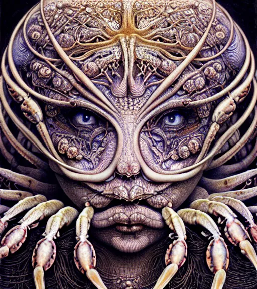 Prompt: detailed realistic beautiful crab goddess face portrait by jean delville, gustave dore, iris van herpen and marco mazzoni, art forms of nature by ernst haeckel, art nouveau, symbolist, visionary, gothic, neo - gothic, pre - raphaelite, fractal lace, intricate alien botanicals, ai biodiversity, surreality, hyperdetailed ultrasharp octane render