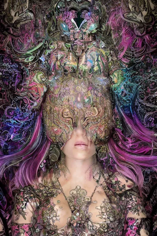 Image similar to highly detailed, digital painting of a beautiful arcane witch in a dark intricate ornate fractal-lace and gemstones mask, wearing a stunning silky bio-luminiscent neon-noir neo-goth dress, subdued dark pastel colors palette, full view, soft lighting, vivid, Hyperdetailed, 4k hd matte, 8k resolution, enchanting and otherworldly, detailed, front view, Portrait backlighting, Kodakchrome, high contrast, Gsociety, trending on ArtstationHQ, dreamscape maximized.