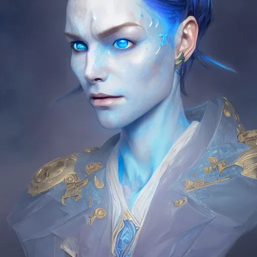 Prompt: portrait of a wizard with blue skin, elegant, intricate, headshot, highly detailed, digital painting, artstation, concept art, sharp focus, illustration, art by artgerm and greg rutkowski and alphonse mucha