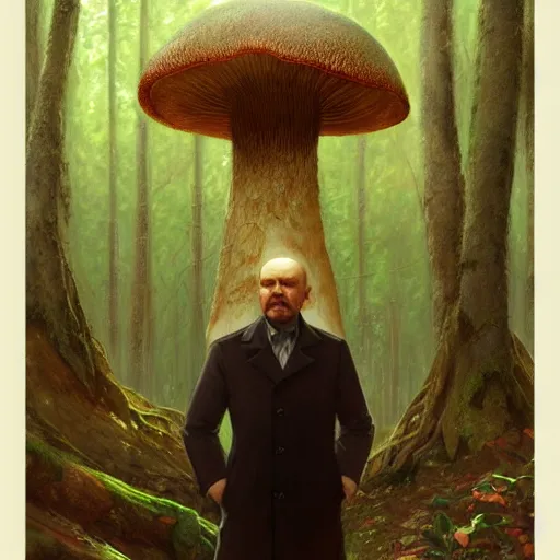 Image similar to photo of vladimir lenin is a mushroom in the forest, highly detailed, digital painting, artstation, smooth, sharp focus, illustration, art by artgerm and greg rutkowski and alphonse mucha