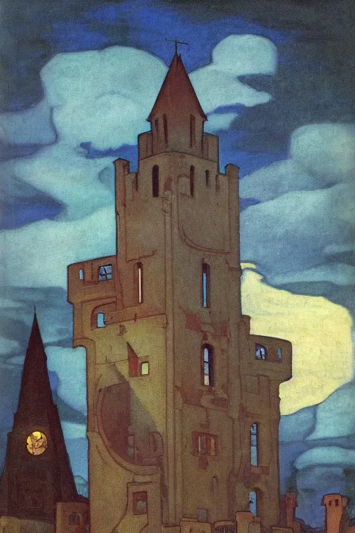 Prompt: view of the old tower and its gardens after a storm, tall windows lit up, beautiful ornamental architecture, dramatic cinematic lighting, rich colors, by Nicholas Roerich and and Caspar David Friedrich and April Gornik and William Dyce and ((Diego Rivera)), smooth, sharp focus, extremely detailed, featured on artstation