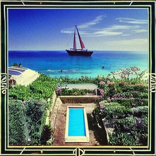 Image similar to “A photo of a beach and a french garden in 1993, tarot-like landscape it's lit by the camera flash. Surreal Greek architecture, mason, occult tarot symbols. Far away sail boat at the ocean”