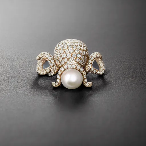 Prompt: hd photo of a octopus ring with diamonds and pearls by vivienne westwood, denoise, deblur