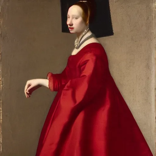 Image similar to sublime portrait of a woman in a red satin dress, very pale, graceful, imposing, idealistic, by Vermeer, Van Dyck, Jean Auguste Dominique Ingres, 17th-century, smooth, sharp focus, highly realistic