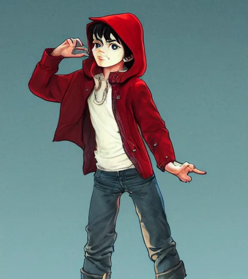 Prompt: attractive little boy character inspired in little red riding hood and michael jackson, digital artwork made by akihiko yoshida and makoto shinkai, anatomically correct, symmetrical, highly detailed, sharp focus, extremely coherent