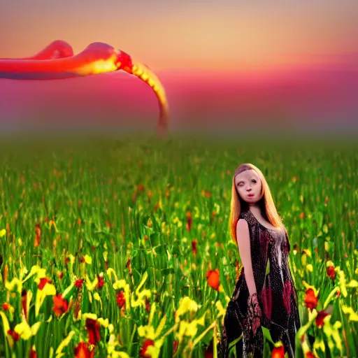 Image similar to full body snake head girl standing in a flower field, her head is hidden behind many snakes, surreal photography, sunrise, dramatic light