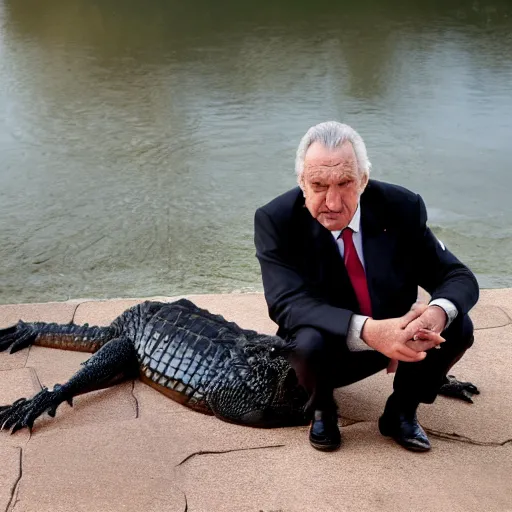 Prompt: Miloš Zeman with an alligator, movie still, 4k