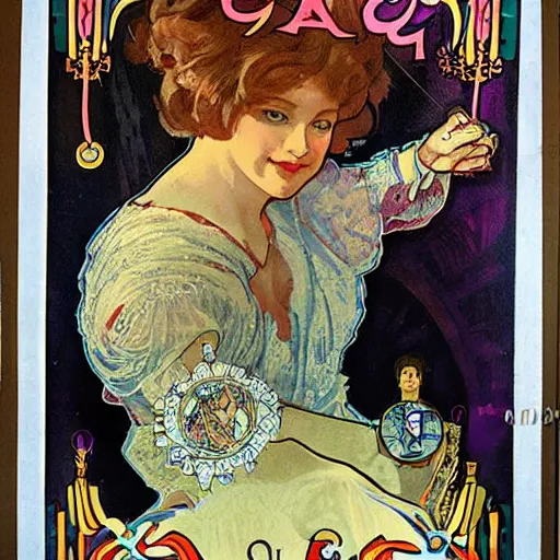 Prompt: vintage poster of Caucasian fortune teller lady with curly hair, a spread of tarot cards on a table, cats on her side, in a colorful tent, Alphonse Mucha,