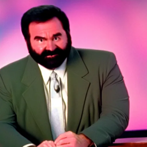 Image similar to Billy Mays hosting Jeopardy, VHS tape footage, 1991, the set of Jeopardy