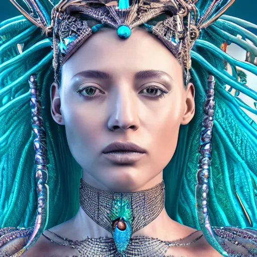 Prompt: unreal engine, octane render, 8 k, sandro botticelli full body portrait of lady of elche egyptian sumerian goddess princess intergalactica, nautical siren, queen of heaven, techno mystic goddess, with aqua neon dreadlocks, teal eyebrows encrusted with diamonds, wearing iris van herpen haute couture, star - gate of futurisma,