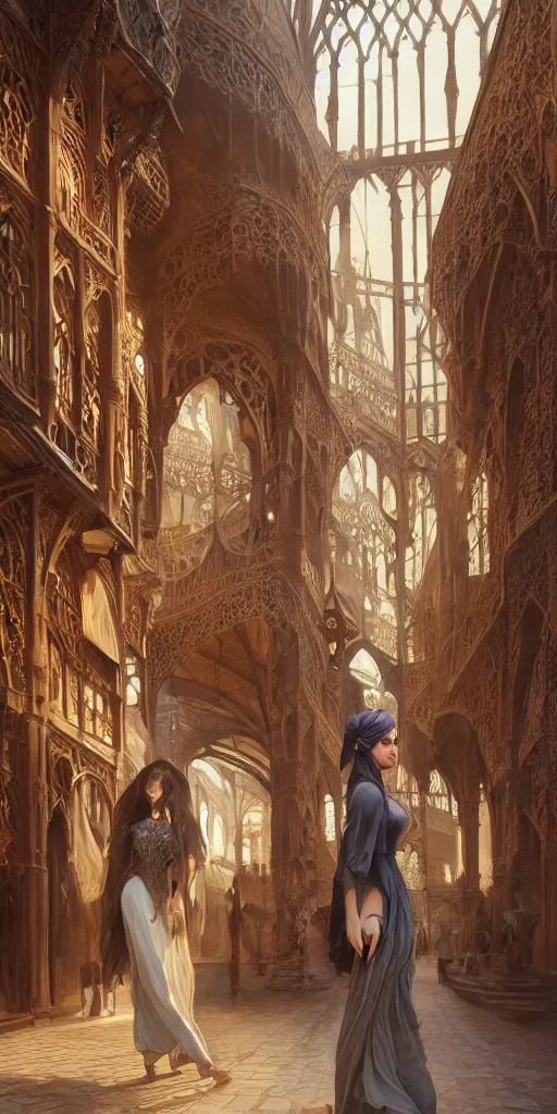 Prompt: beautiful woman shopping in twisted arabian market victorian buildings, gothic, ancient, sand, intricate, highly detailed, digital painting, artstation, concept art, smooth, sharp focus, illustration, Unreal Engine 5, 8K, art by artgerm and greg rutkowski and alphonse mucha