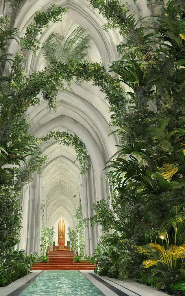 Prompt: grand cathedral interior with koi! pond! in the middle! surrounded by palm trees, ivy, flowers!, tropical plants, roses!, and with archways, rendered in octane render with photorealistic volumetric cinematic lighting, wide angle, horizontal symmetry, 8 k