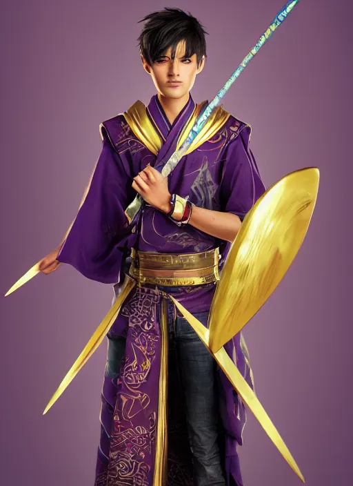 Image similar to An epic fantasy comic book style portrait painting of teenager boy with straight indigo hair, purple eyes with red eye markers, slim body, wearing a detailed Japanese kimono with golden armor details, holding a fan. Unreal 5, DAZ, hyperrealistic, octane render, cosplay, RPG portrait, dynamic lighting