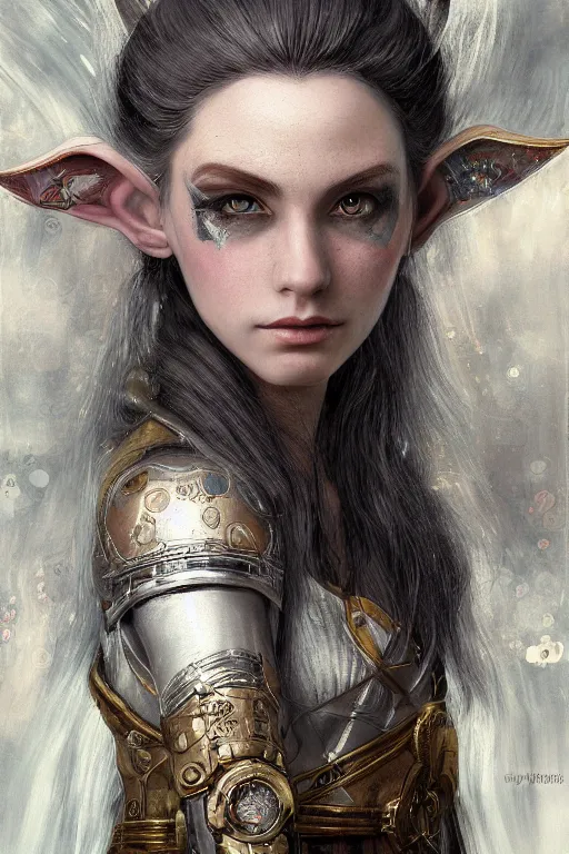 Image similar to portrait of beautiful young elf maiden with white hairs, cyberpunk, Warhammer, highly detailed, artstation, illustration, art by Gustav Klimt