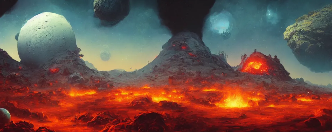 Image similar to ” outer planet with volcanoes, [ art by paul lehr, cinematic, detailed, epic, widescreen, opening, establishing, mattepainting, photorealistic, realistic textures, octane render ] ”