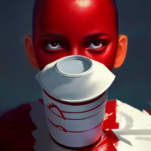 Image similar to white paper cup with red strip as a character!!!, hyperrealistic, highly detailed, cinematic, volumetric sunlight, beautiful, cgssociety, artstation, 8 k, oil painting by greg rutkowski, by artgerm, by wlop