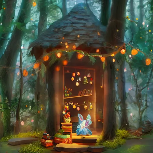 Image similar to a woodland clothing store run by a fairy princess 4 k ultra detailed colorful cute artstation trending enigmatic lighting soft bokeh diffuse