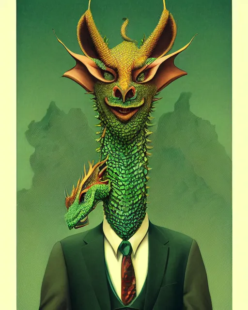 Image similar to anthropomorphic art of a businessman dragon, green dragon, portrait, 1 9 8 0 s business fashion, victo ngai, ryohei hase, artstation. fractal papers, newspaper. stock certificate, highly detailed digital painting, smooth, global illumination, fantasy art, jc leyendecker