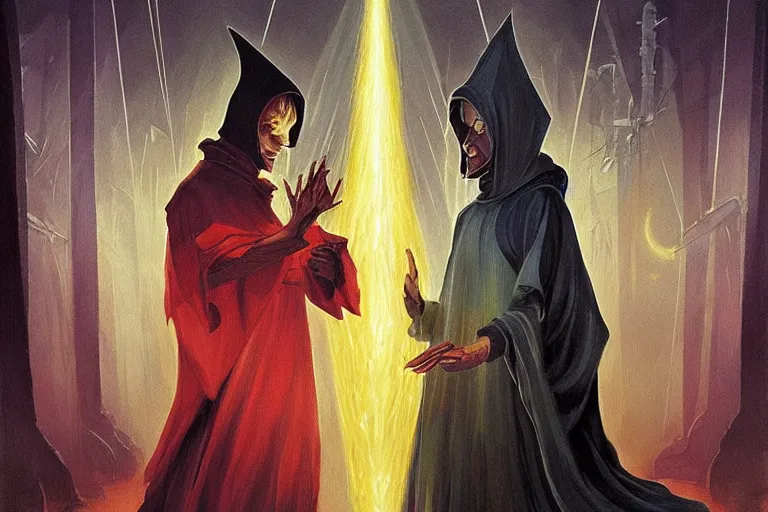 Image similar to ((A beautiful masterpiece painting) (of (a technomancer wizard (in robes (with pointed hood))) (discussing sentience with (his synthesized Al djinn) (in his laboratory (near a computer))) (by (Remedios Varo) and (Anato Finnstark) and (Greg Rutkowski)) (dayglo pink, dayglo blue, dazzle camouflage) (8k, trending on ArtStation)