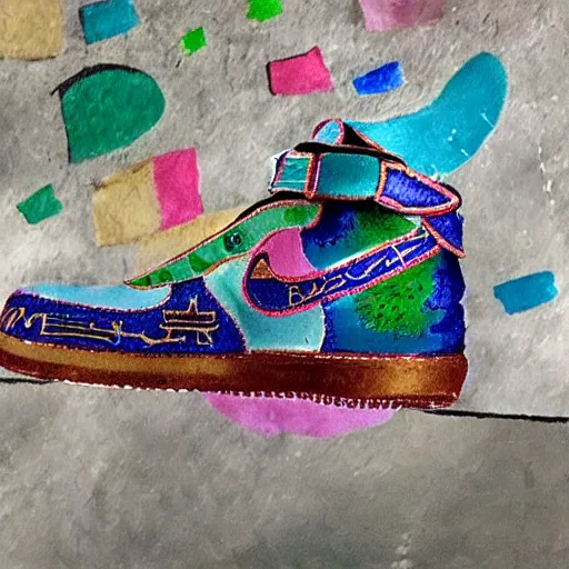 Prompt: an air force one shoe made of different materials, precious gem stones and metals and paper and smoke and rust and lava and rainbow, accurate, hyperdetailed, intricate detail, insanely detailed and intricate, in the style of Henri Matisse, edge to edge, solid color background intricate, highly detailed, smooth, sharp focus, detailed, high contrast