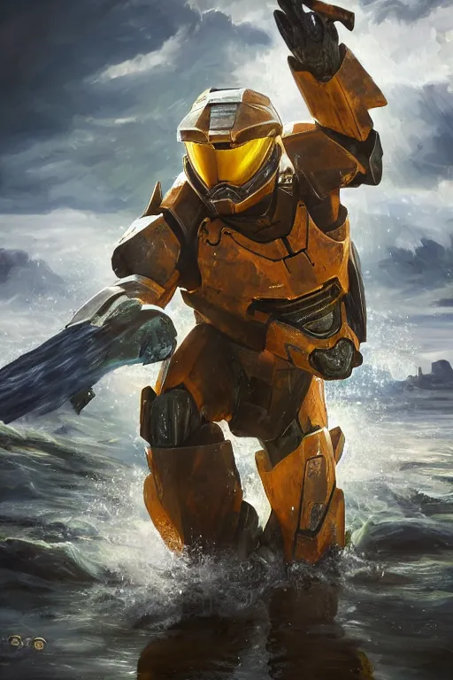 Image similar to magikarp playing as master chief, oil on canvas, intricate, portrait, 8 k highly professionally detailed, hdr, cgsociety