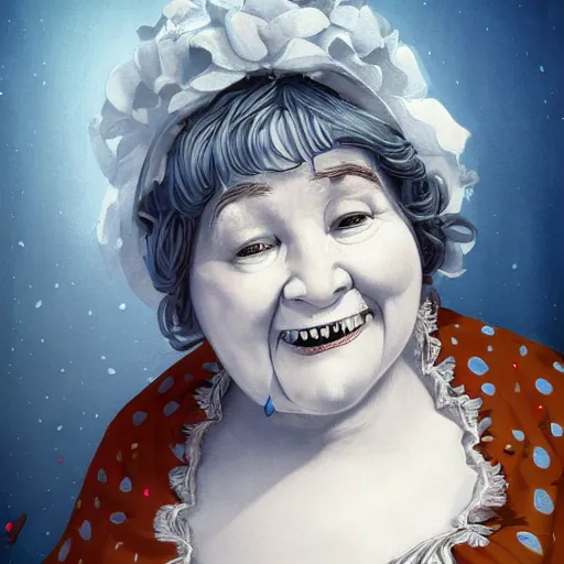 Image similar to of a very funny ambient occlusion render. a sweet fat old woman is in love with her self. flowery dress. symmetrical face, red mouth, blue eyes. deep focus, lovely scene. ambient occlusion render. concept art. unreal engine. pencil and ink. goya painting style.