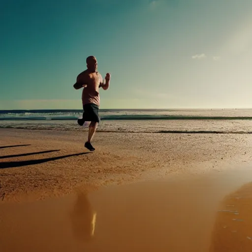 Image similar to Walter White running on the beach, artistic, 8k, cinematic, accurate, symetric, face, dramatic lighting, pastel colours