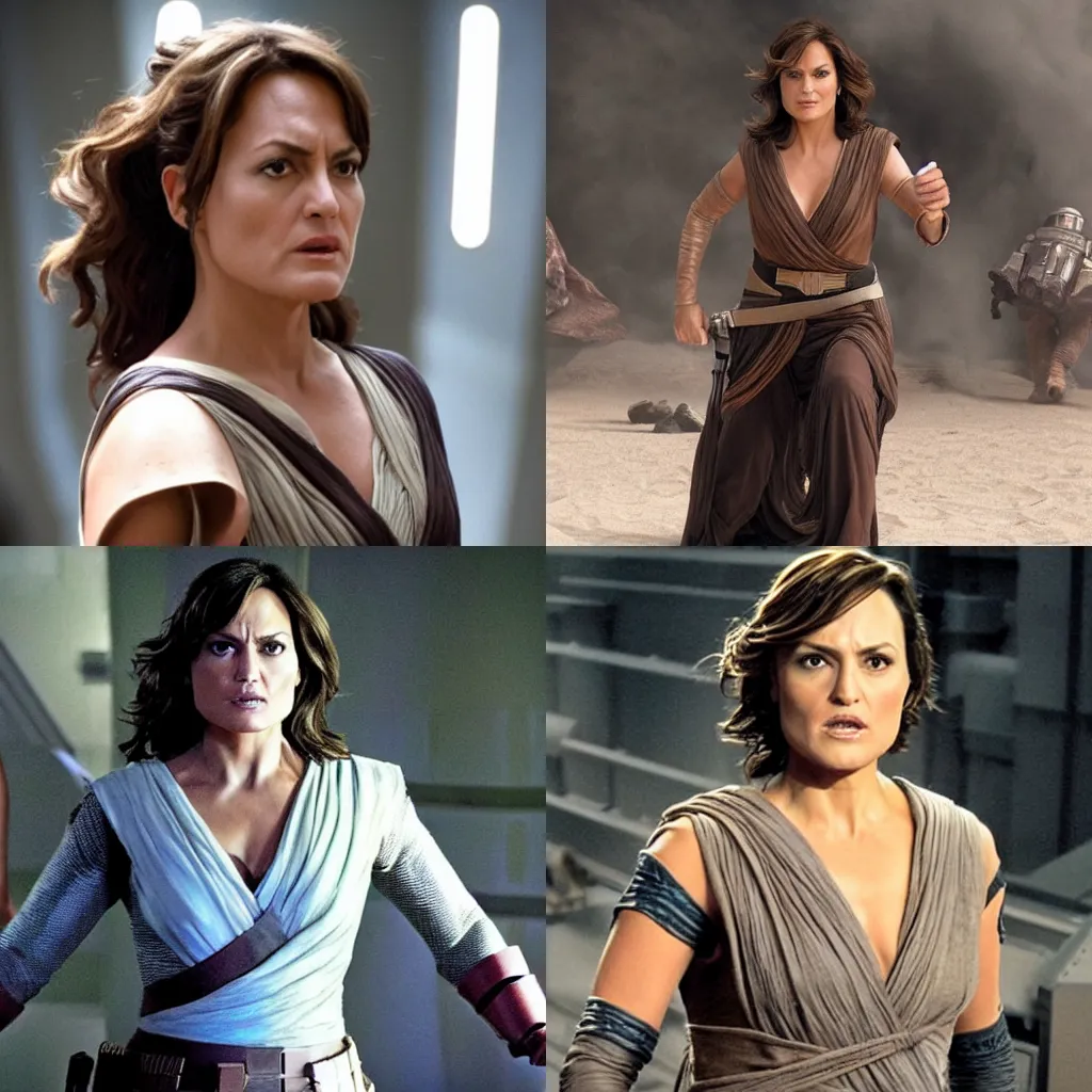 Prompt: mariska hargitay as rey from star wars action photo