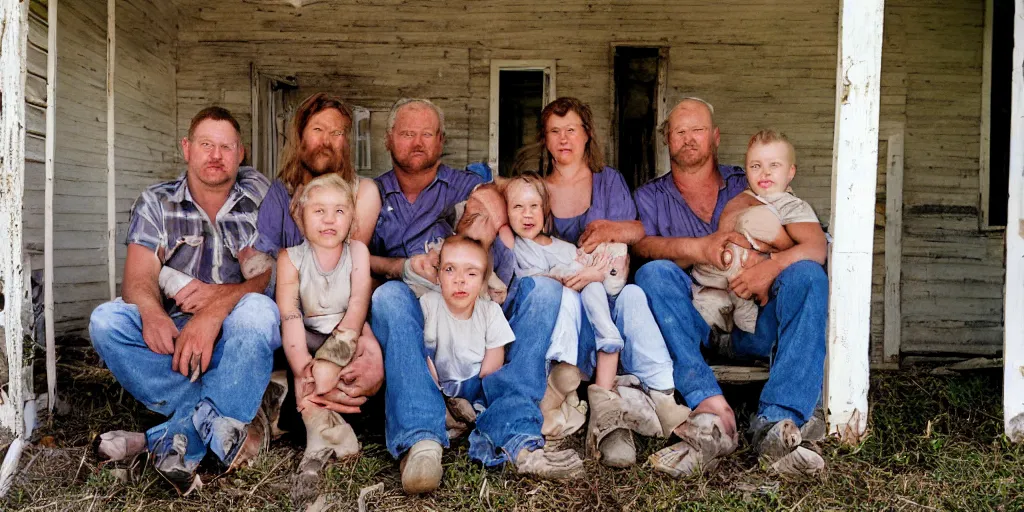 Prompt: close up portrait of white redneck family sitting on front porch of dilapidated house, kodak gold 2 0 0,