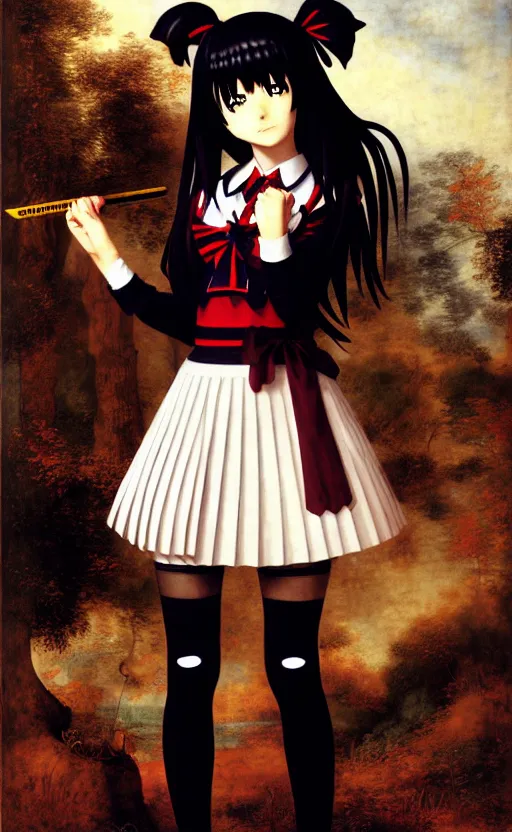 Prompt: school girl in gothic dress, school uniform, seifuku, pleated miniskirt, overknee socks, ai enma, misa amane, battle angel alita. by rembrandt 1 6 6 7, illustration
