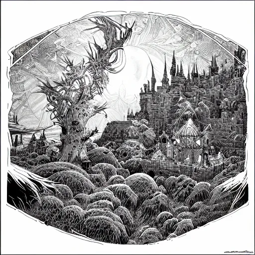 Image similar to impressive fantasy landscape, beautiful line art, pure b & w, etching illustration, square sticker, by joe fenton and greg rutkowski