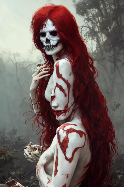 Image similar to pale woman with skeleton body covered with blood, long red hair, pretty face, ultra realistic, concept art, intricate details, highly detailed, photorealistic, octane render, 8 k, unreal engine. art by artgerm and greg rutkowski and alphonse mucha