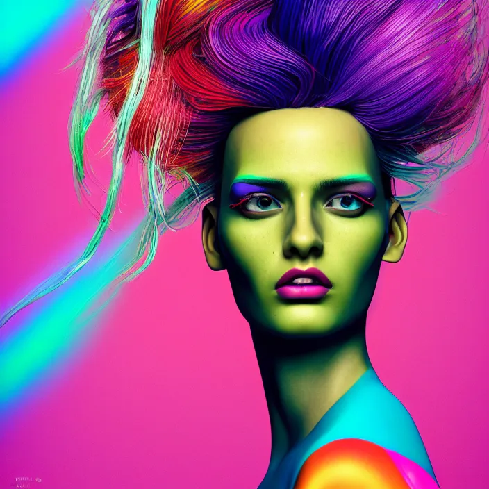 Prompt: portrait of a post modern fashion model with an exuberant surreal hair style, colorful, dynamic pose, beautiful realistic face, octane render, vray, detailed, wide angle, halftoned, editorial illustration, matte print, grainy light, ( ( dither ) ), risograph, high contrast, screen print, rich grainy texture