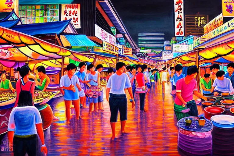 Image similar to detailed painting of Thai river night market, Bangkok, comic style, deep strokes, high quality