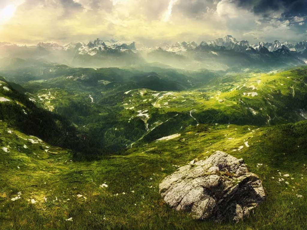 Image similar to realistic view from a mountaintop, high mountains, green meadow, alps, pyranees, digital painting, 4 k, wallpaper, realistic lightning