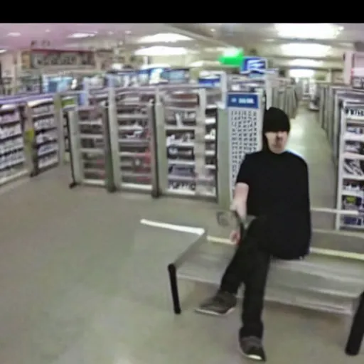 Prompt: disgruntled emo goes postal, security camera footage