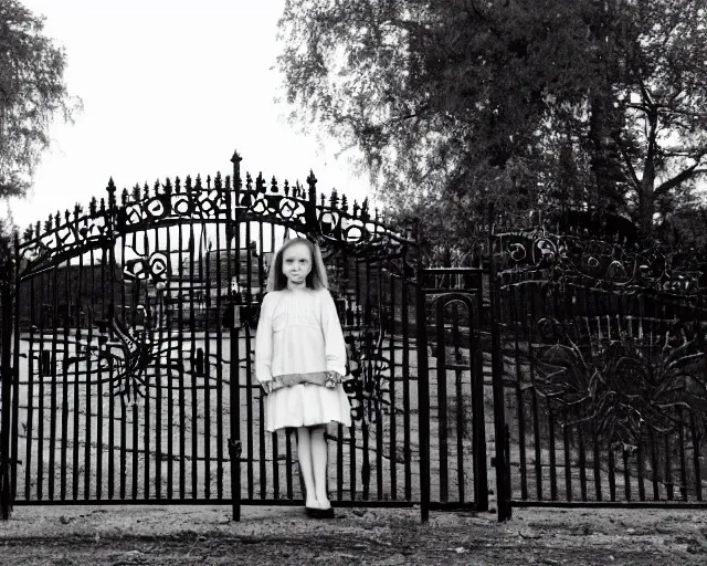 Image similar to black and white photo of Spooky Twin girls standing in front of a Victorian wrought iron gate at sunset