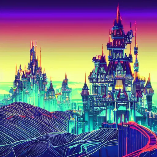 Image similar to Satoshi's futuristic castle, synthwave, space background, very beautiful, photo realistic