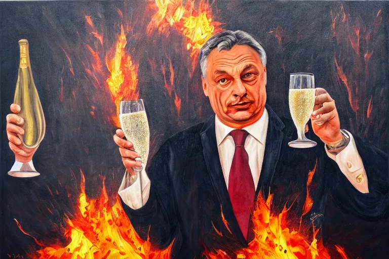 Image similar to viktor orban drinking champagne in front a burning city, highly detailed eyes, oil on canvas