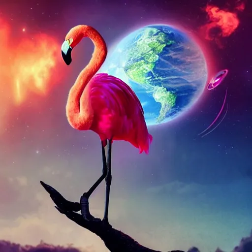 Prompt: a strong goddess flamingo fashion, sci - fi aesthetics, on fire, photoshop, colossal, creative and cool, giant, digital art, photo manipulation, planets, with earth, outer space, smoke