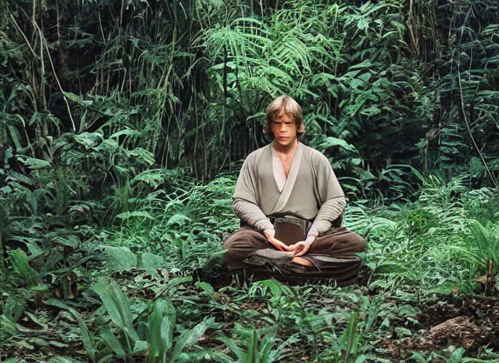 Image similar to screenshot portrait of luke skywalker at the reopening of the new jedi temple school deep within jungle. serene portrait of Mark Hammill, meditating, Photographed with Leica Summilux-M 24 mm lens, ISO 100, f/8, Kodak, Portra 400, 1988