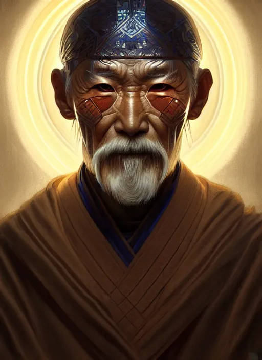 Prompt: symmetry!! portrait of old man japanese warrior, tech wear, glowing lights!! intricate, elegant, highly detailed, digital painting, artstation, concept art, smooth, sharp focus, illustration, art by artgerm and greg rutkowski and alphonse mucha