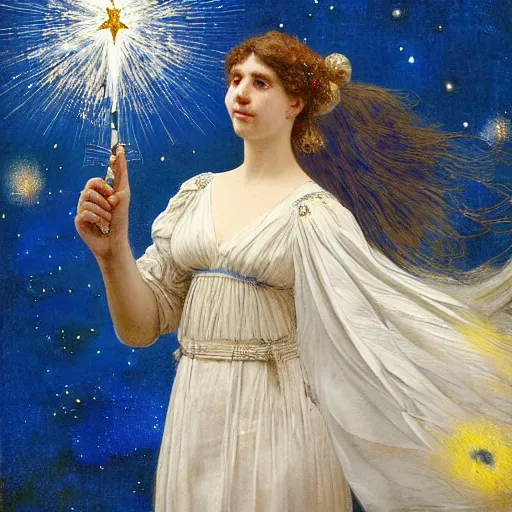 Image similar to the photograph features a woman with wings made of stars, surrounded by a blue and white night sky. the woman is holding a staff in one hand, and a star in the other. she is wearing a billowing white dress, and her hair is blowing in the wind. cool yellow by lawrence alma - tadema, by martine johanna mournful, cgi