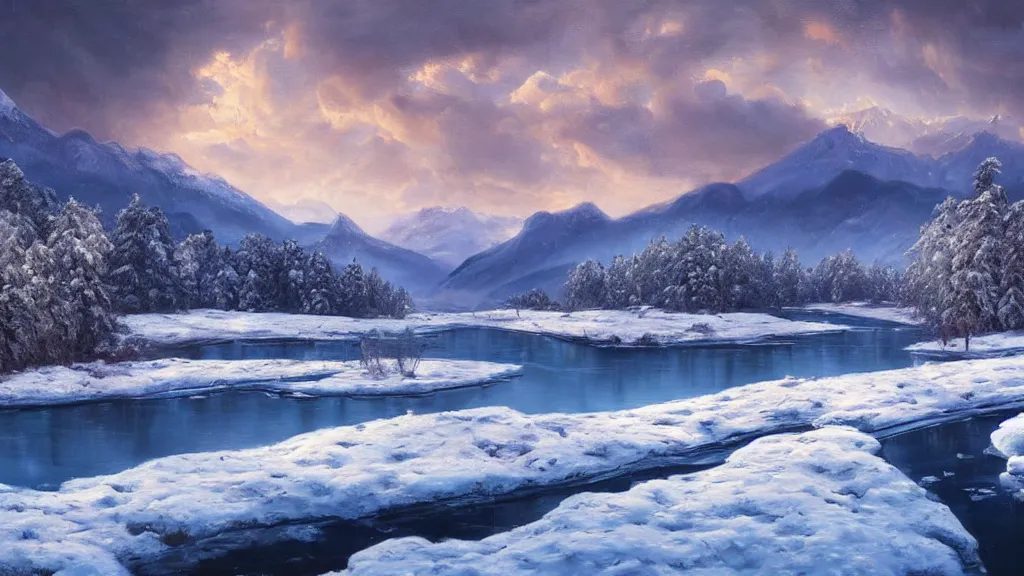 Image similar to the most beautiful panoramic landscape, oil painting, snowy mountains and a frozen river, clouds, cinematic lighting, highly detailed, very realistic