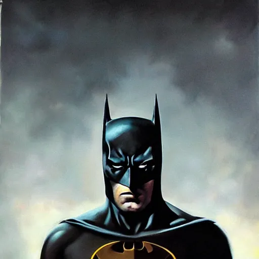 Image similar to an ultra - realistic portrait painting of batman in the style of frank frazetta. 4 k. ultra - realistic. highly detailed. dark fantasy. dark lighting.