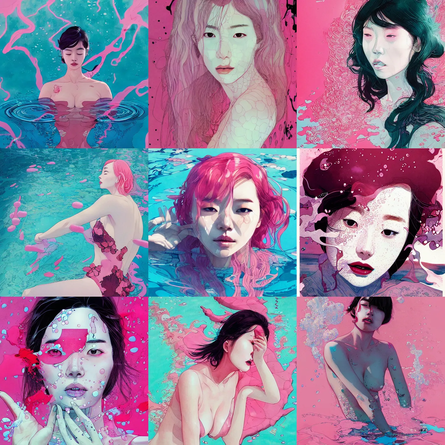 Prompt: lee jin - eun submerged in pink pool by conrad roset, m. k. kaluta, james jean, martine johanna, rule of thirds, seductive look, beautiful